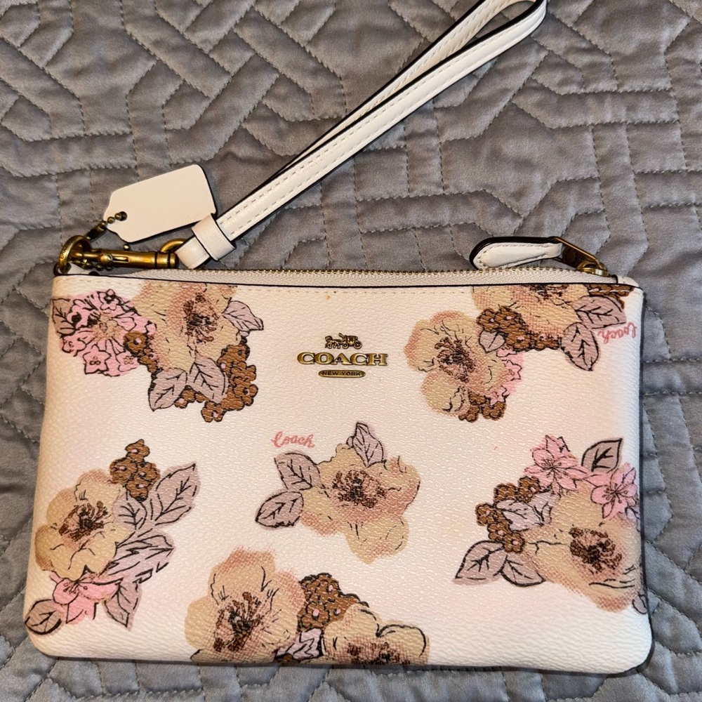 Coach Floral Print Wristlet - Cream and Pink